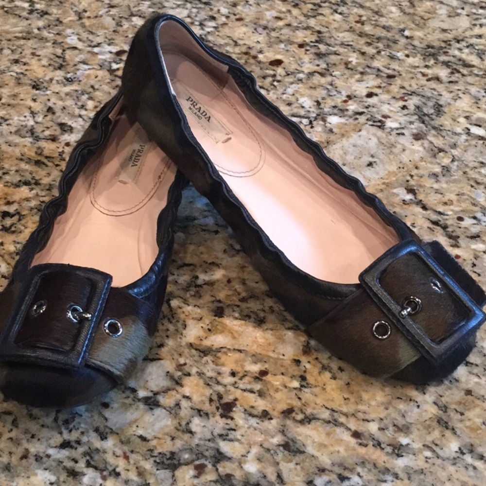 Prada Pony Hair Camo Ballet Flats Buckle Toe 6.5